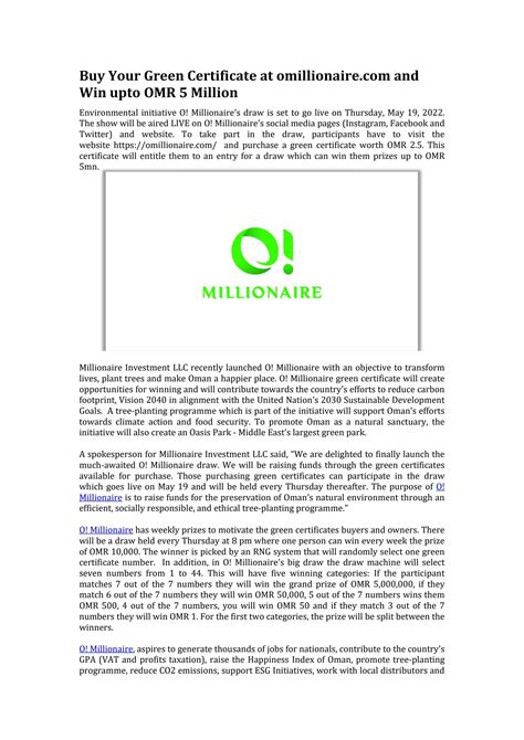 Buy your green certifiicate at omillionaire.com and win .
